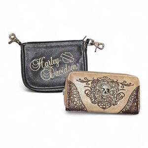 Harley Davidson Bar & Shield Embroidered Clip Pouch Black Leather. Skull wallet.